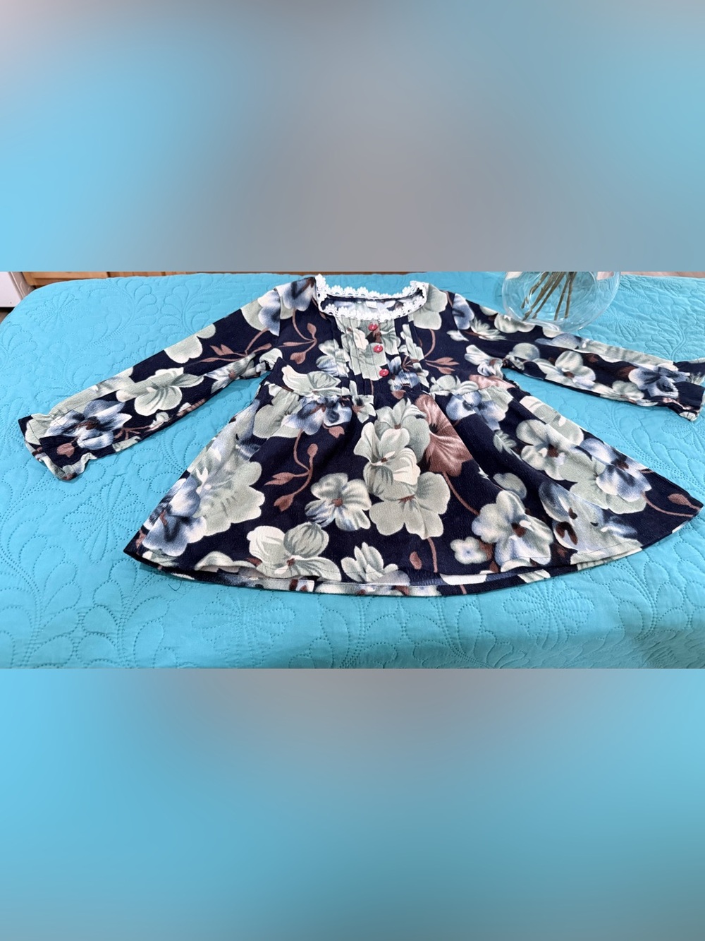 Girls Navy Floral Long-Sleeve Dress